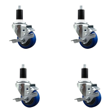 Service Caster 3'' SS Blue Poly Swivel 1-3/8'' Expanding Stem Caster Set with Brake, 4PK SCC-SSEX20S314-PPUB-BLUE-TLB-138-4